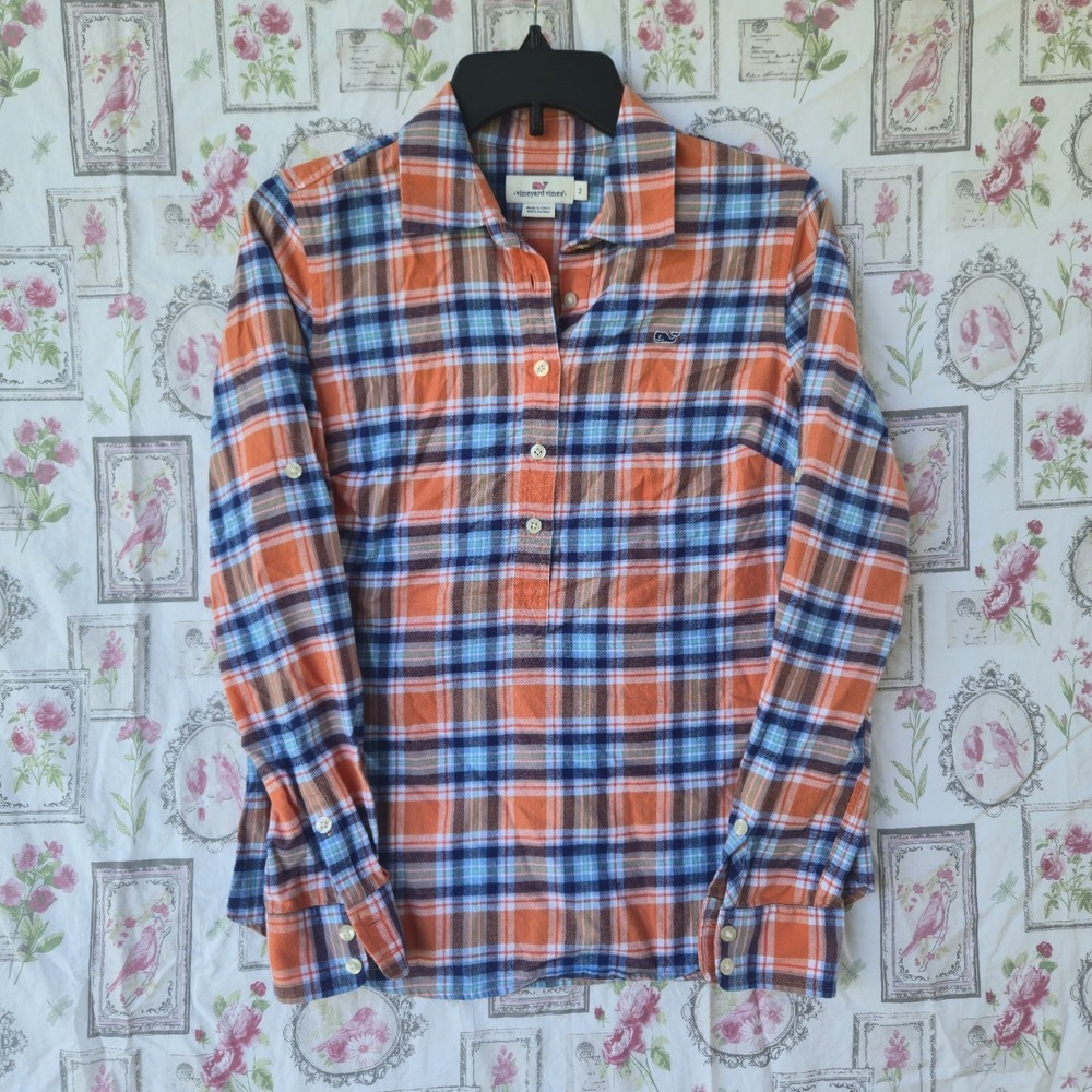 Vineyard Vines Women's Plaid Popover Shirt Linen Blend Roll Tab Sleeve Orange 2